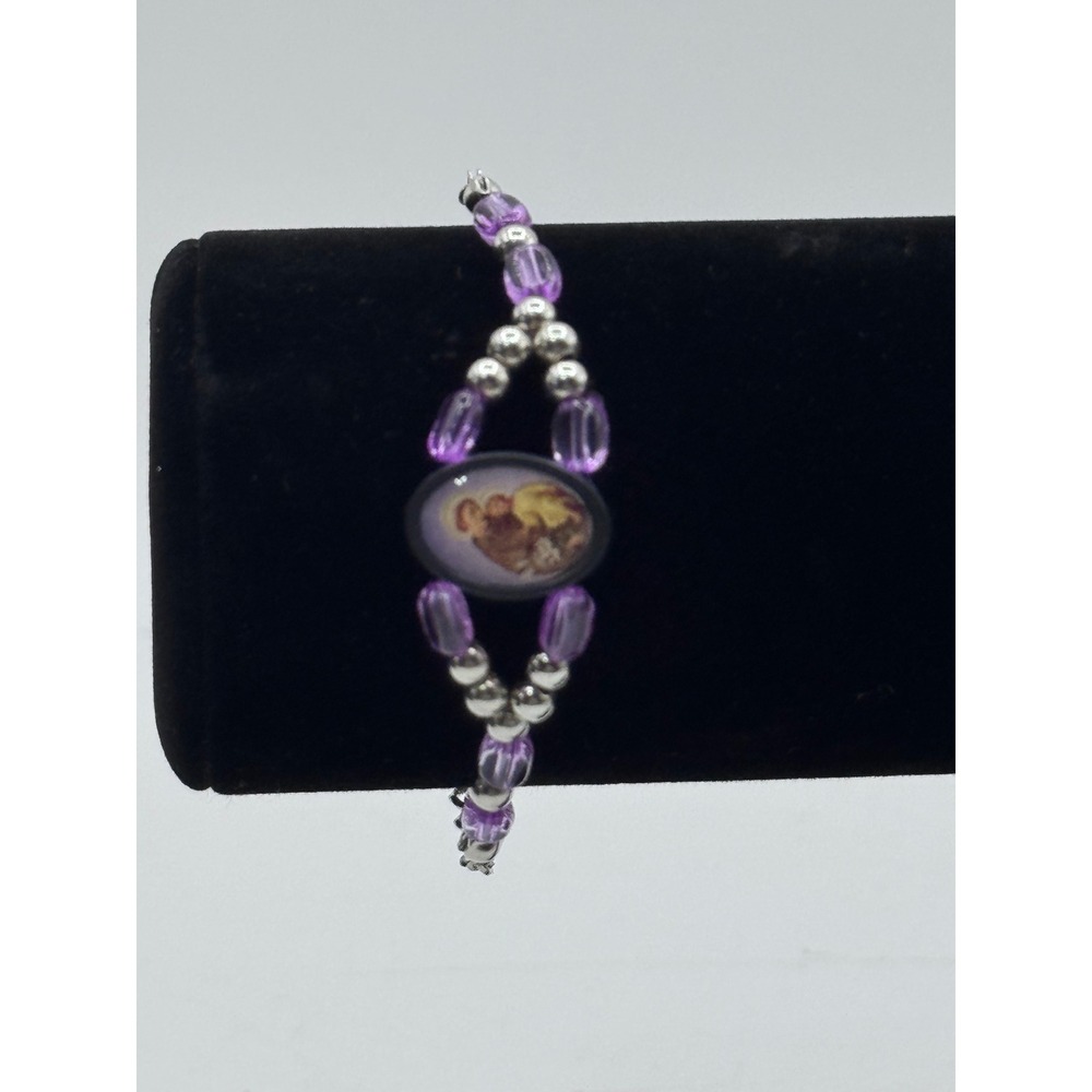 Vintage‎ Catholic Saint Anthony Bracelet Purple Beaded Rosary Style Religious